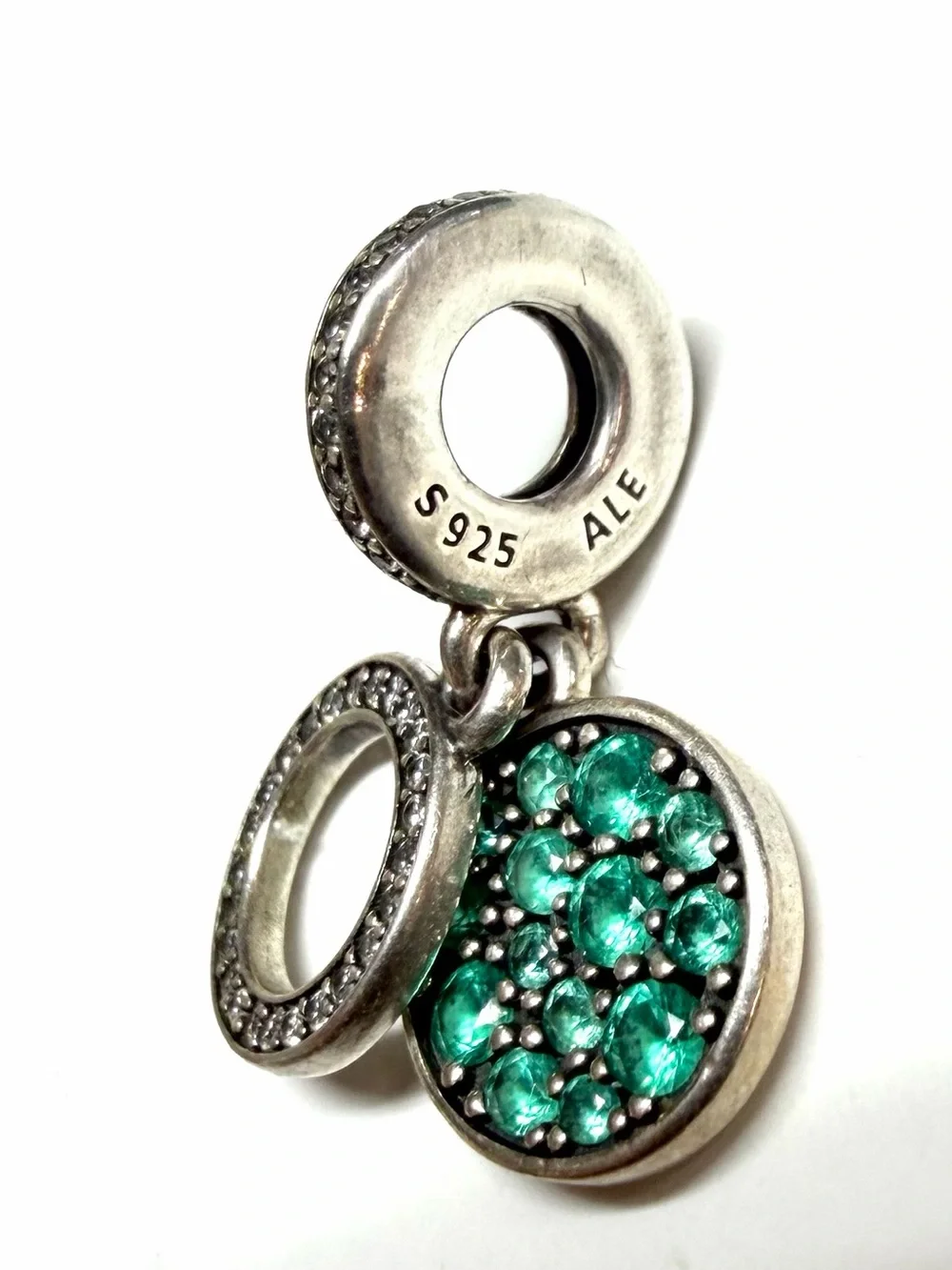 Pandora Sterling Silver Sparkling Green Disc Double Dangle Charm #799186C02